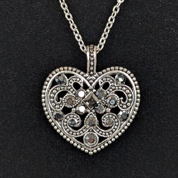 (2/$20) Hematite Accent Heart Cut Out Pendant Necklace - Picture 3 of 6